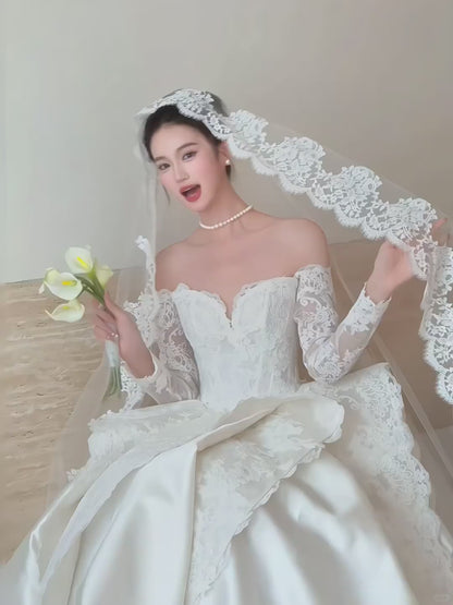 Modest Strapless A-Line Wedding Dresses Satin Applique White Bridal Gowns Long Sleeves Bridal Dresses DP3296