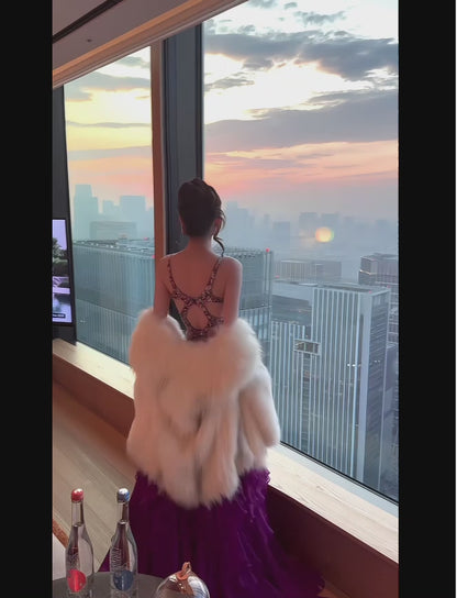 Chic Purple Long Prom Dresses Spaghetti Straps A-line Evening Dresses Chiffon Birthday Dresses DP04706