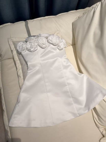 Simple White Party Dress Strapless A-line Birthday Dress Sleeveless Satin Cocktail Dress DP05395