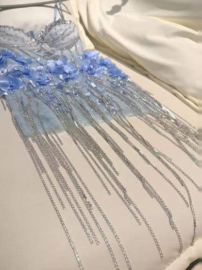 Gorgeous Blue Short Prom Dress Spaghetti Straps Sheath Beaded Cocktail Dress Sleeveless Tulle Birthday Dress DP05379