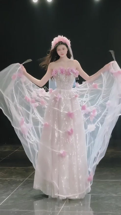 Chic Pink Prom Dress A-Line Tulle Flower Long Evening Dress DP08230