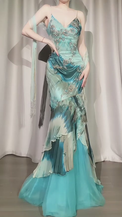 Chic Blue Prom Dress Sheath Chiffon Beaded Long Evening Dress DP07866