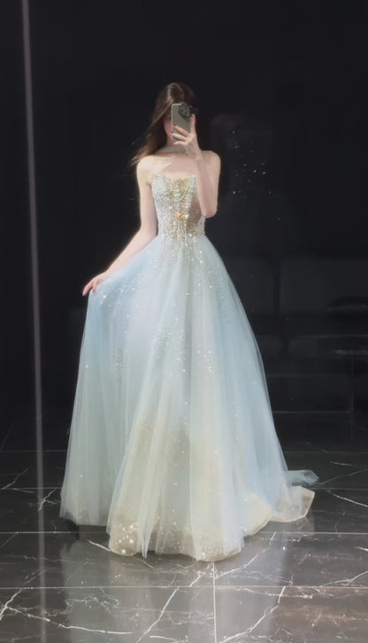 Pretty Pale Blue Prom Dress A-Line Satin Long Evening Dress DP07917