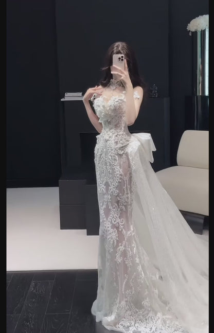 Gorgeous Mermaid White Long Wedding Dress Tulle Applique Bridal Dress Sleeveless Bridal Gown DP04870
