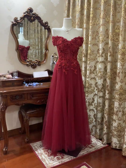 Classy A-Line Red Prom Dress Tulle Appliques Birthday Dress Sleeveless Long Evening Dress DP05100