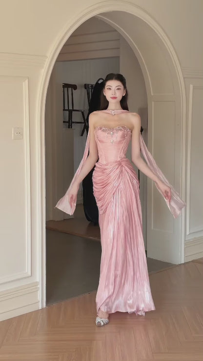 Schönes figurbetontes langes Abendkleid aus Chiffon, rosa Ballkleid DP08161