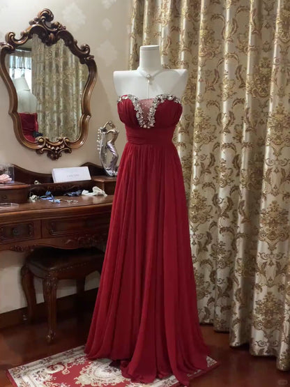 Classy Sheath Red Prom Dress Chiffon Strapless Birthday Dress Sleeveless Long Evening Dress dp05100