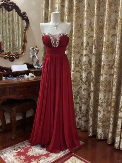 Classy Sheath Red Prom Dress Chiffon Strapless Birthday Dress Sleeveless Long Evening Dress dp05100