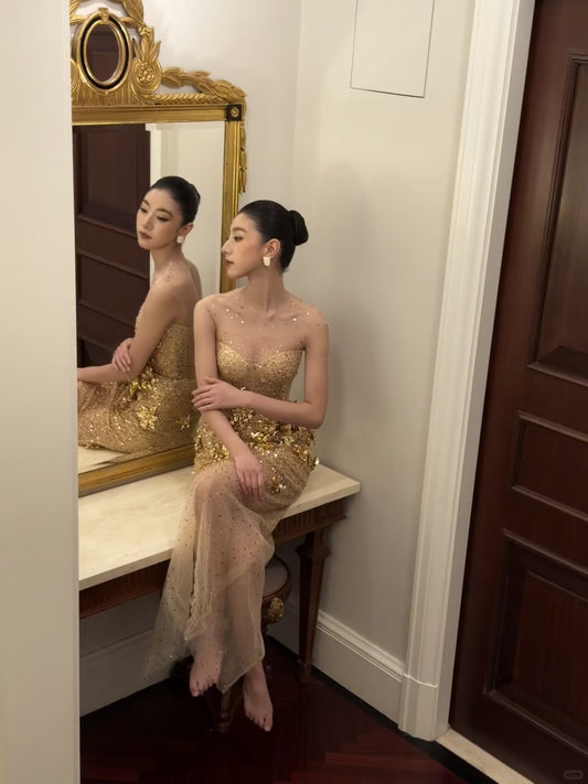 Elegant Sheath Evening Dresses Jewel Gold Long Prom Dresses Beaded Tulle Sleeveless Brithday Dresses  DP04580