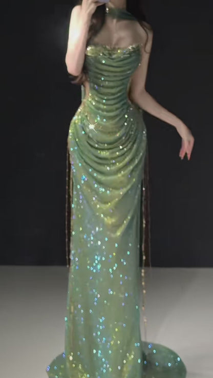 Pretty Green Prom Dress Sheath Tulle Long Evening Dress DP08128