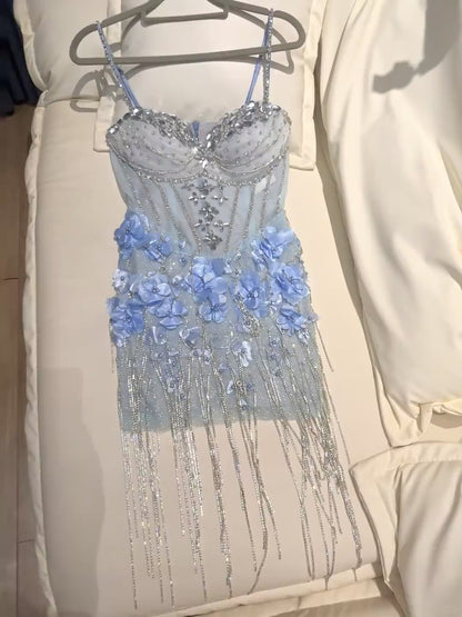 Gorgeous Blue Short Prom Dress Spaghetti Straps Sheath Beaded Cocktail Dress Sleeveless Tulle Birthday Dress DP05379