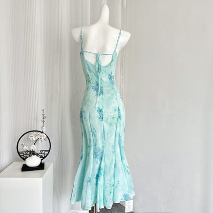 Sexy Mermaid Spaghetti Straps Floral Blue Summer Dress Holiday Party Outfits For Women DP0085