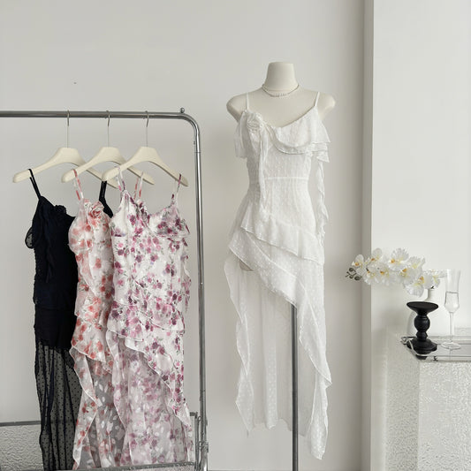 Sexy High Low Spaghetti Straps Floral Summer Dress Holiday Party Outfits For Women DP0080