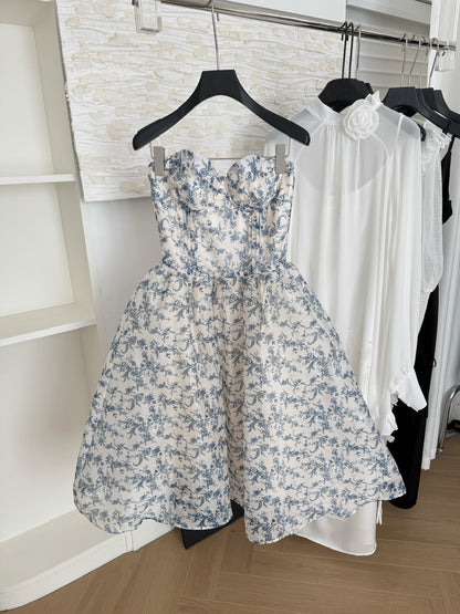 Sexy Ball Gown Sweetheart Floral Blue Summer Dress Holiday Party Outfits For Women DP0083