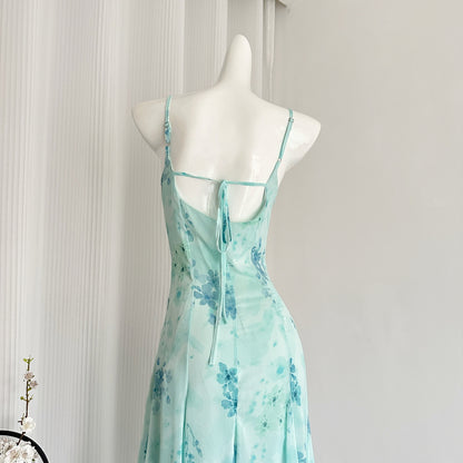 Sexy Mermaid Spaghetti Straps Floral Blue Summer Dress Holiday Party Outfits For Women DP0085