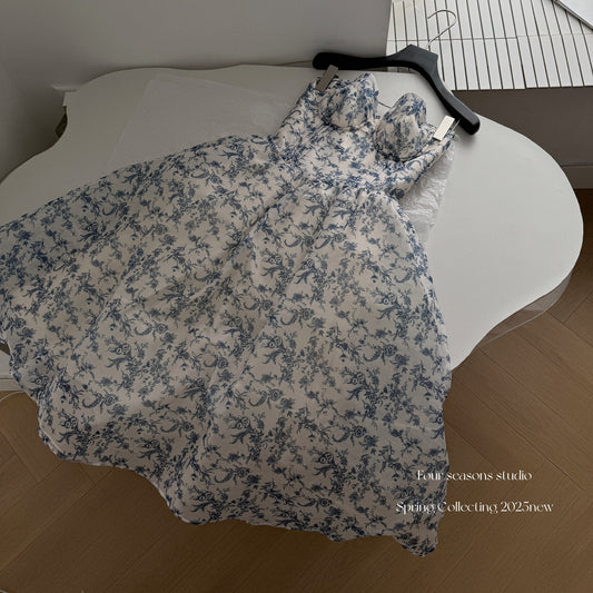 Sexy Ball Gown Sweetheart Floral Blue Summer Dress Holiday Party Outfits For Women DP0083