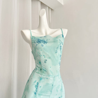 Sexy Mermaid Spaghetti Straps Floral Blue Summer Dress Holiday Party Outfits For Women DP0085