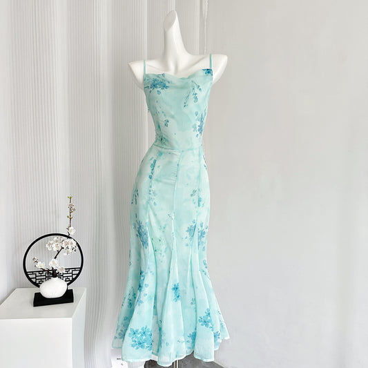 Sexy Mermaid Spaghetti Straps Floral Blue Summer Dress Holiday Party Outfits For Women DP0085