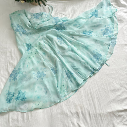 Sexy Mermaid Spaghetti Straps Floral Blue Summer Dress Holiday Party Outfits For Women DP0085