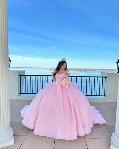 Hübsches Ballkleid aus der Schulter rosa Tüll lange Quinceanera Kleid formale Kleider Vestido de 15 Anos Sweet 16 Kleid DH1841