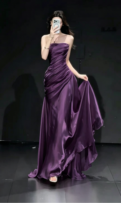 Elegant Pink Prom Dress Satin Strapless Sheath Evening Dress S1067