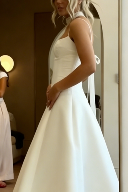 Modest Wedding Dress Ball Gown Spaghetti Straps Satin White Long Wedding Dresses Brides Dress Bridal Gowns W0129
