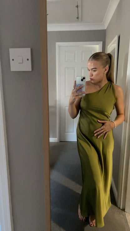Modest A line One Shoulder Satin Green Prom Dresses Formal Summer Spring Wedding Guest Dresses Wedding Guest Outfit W0188