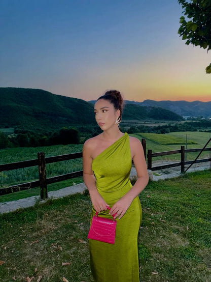 Modest A line One Shoulder Satin Green Prom Dresses Formal Summer Spring Wedding Guest Dresses Wedding Guest Outfit W0188