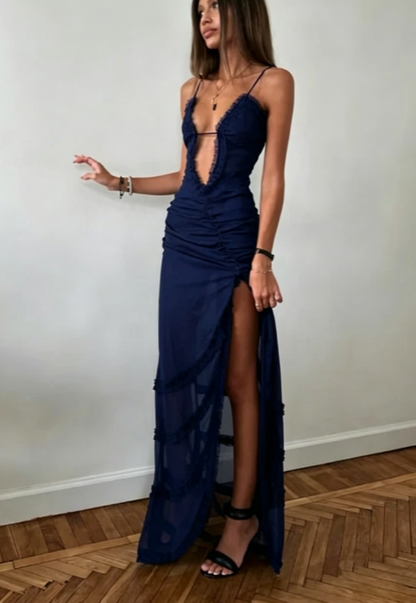 Sexy Sheath Spaghetti Straps Black Slit Lace Long Prom Dresses Formal Summer Wedding Guest Dresses Wedding Guest Outfit W0220