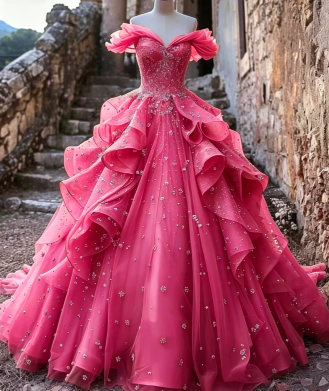 Pretty Ball Gown Off The Shoulder Yellow Beaded Tulle Long Quinceanera Dress Formal Short Sleeves Flowers Vestido De 15 Anos W0279