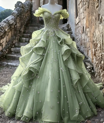 Pretty Ball Gown Off The Shoulder Yellow Beaded Tulle Long Quinceanera Dress Formal Short Sleeves Flowers Vestido De 15 Anos W0279