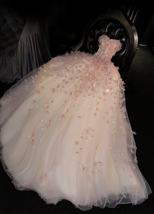 Unique  Ball Gown Sweetheart Pink Tulle Long Quinceanera Dresses Sweet 16 Dress Formal  Vestido De 15 Anos W0293