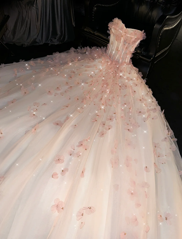 Unique  Ball Gown Sweetheart Pink Tulle Long Quinceanera Dresses Sweet 16 Dress Formal  Vestido De 15 Anos W0293