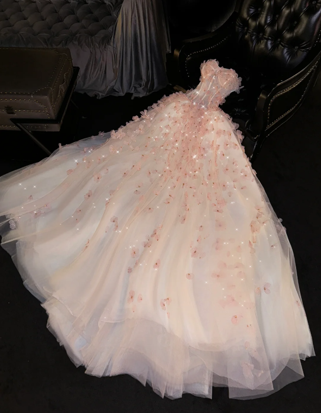 Unique  Ball Gown Sweetheart Pink Tulle Long Quinceanera Dresses Sweet 16 Dress Formal  Vestido De 15 Anos W0293