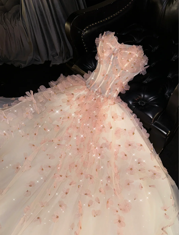 Unique  Ball Gown Sweetheart Pink Tulle Long Quinceanera Dresses Sweet 16 Dress Formal  Vestido De 15 Anos W0293