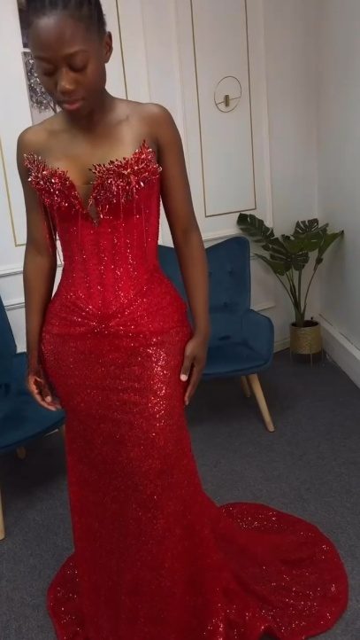 Modest Mermaid Sweetheart Red Sequin Formal Gown 20th Birthday Dress Prom Dresses 18th Birthday Outfits W0333