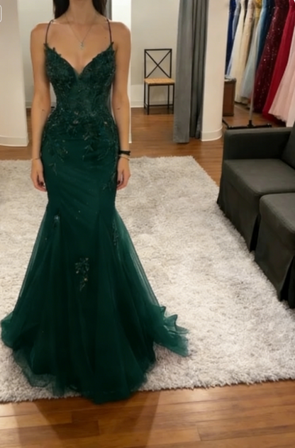 Edle Meerjungfrau-Träger Roter Tüll Rückenfreies Langes Ballkleid Partykleid Geburtstags-Outfits Abschlusskleider W0513