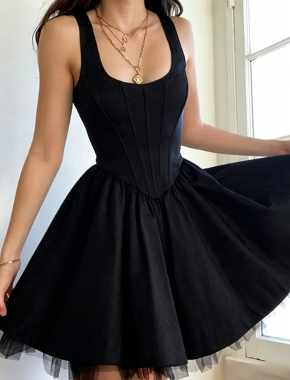 Pretty A line Square Neck Tulle Satin Dress Formal 8th Grade Short Mini Black Homecoming Dress Summer Middle School Hoco Dresses Birthday Outfits W1182