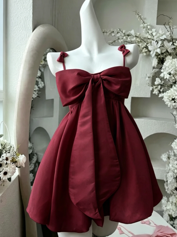 Vintage A line Spaghetti Straps Pink Satin Bow-knot Short Mini Formal 8th Grade Homecoming Dresses Summer Middle School Hoco Dress Birthday Outfits W1188
