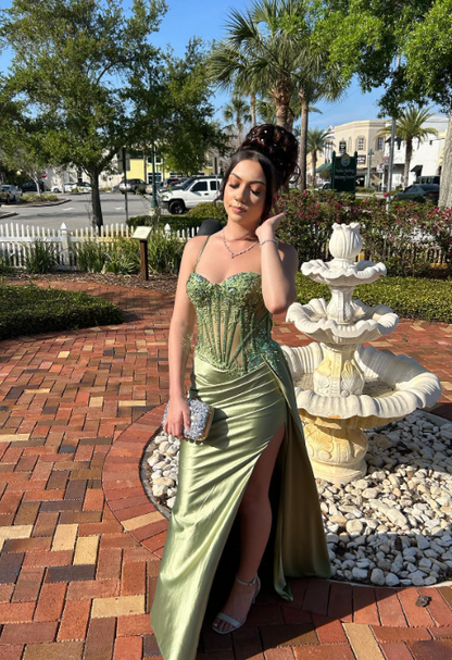 Sexy Mermaid Spaghetti Straps Mint Green Satin Slit Prom Dresses Party Dress Summer 20th Birthday Outfits Birthday Dresses W994