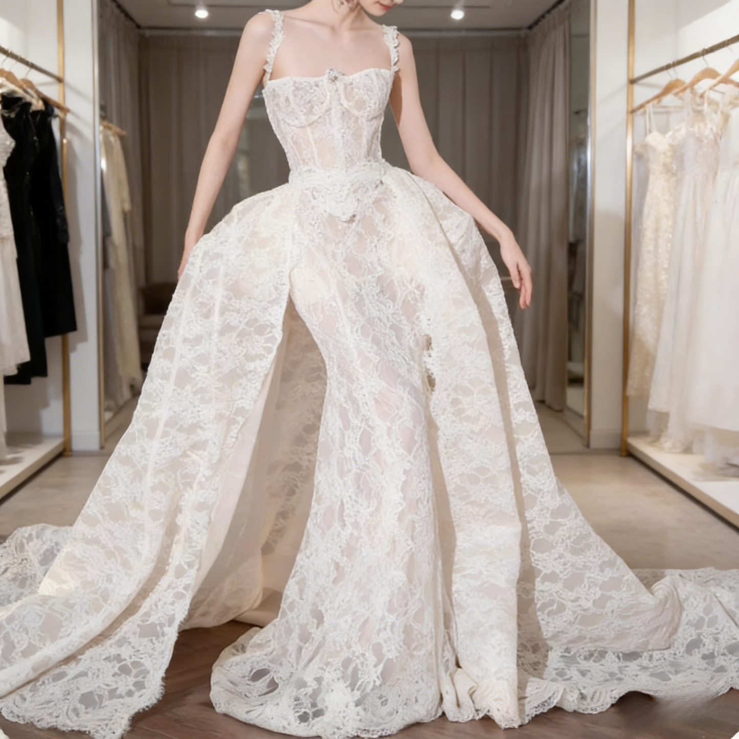 Modest Wedding Dress Ball Gown Square Neck Lace Summer Long White Wedding Dresses Bride Dress Bridal Gowns WD085